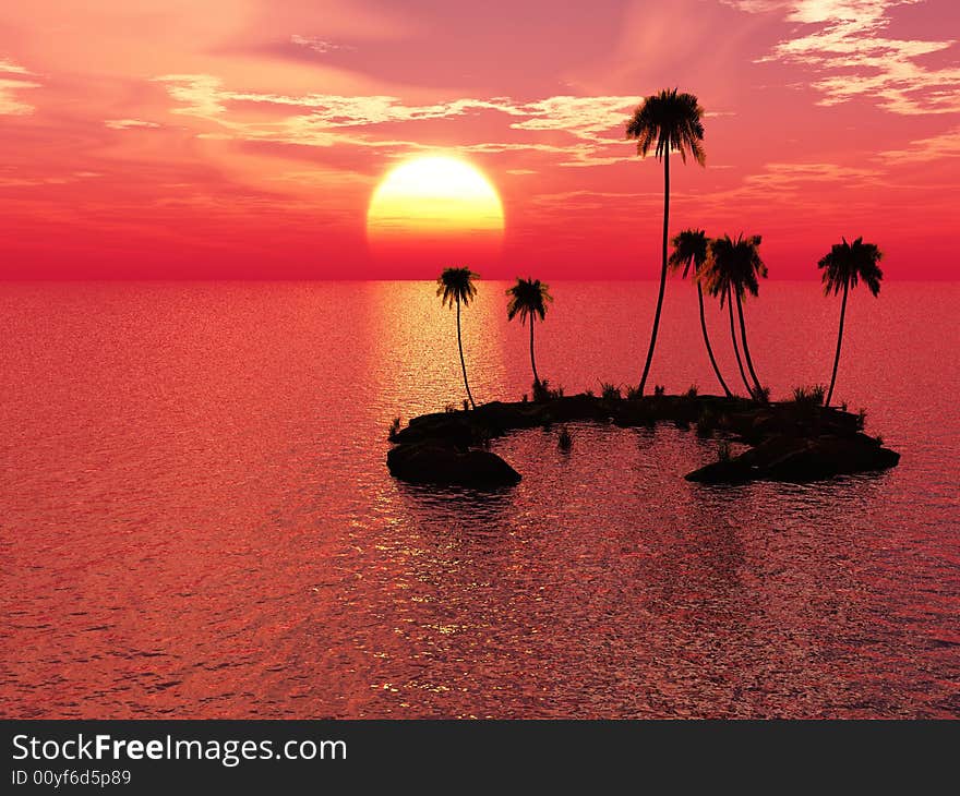 Sunset coconut palm trees on small island - 3d illustration.