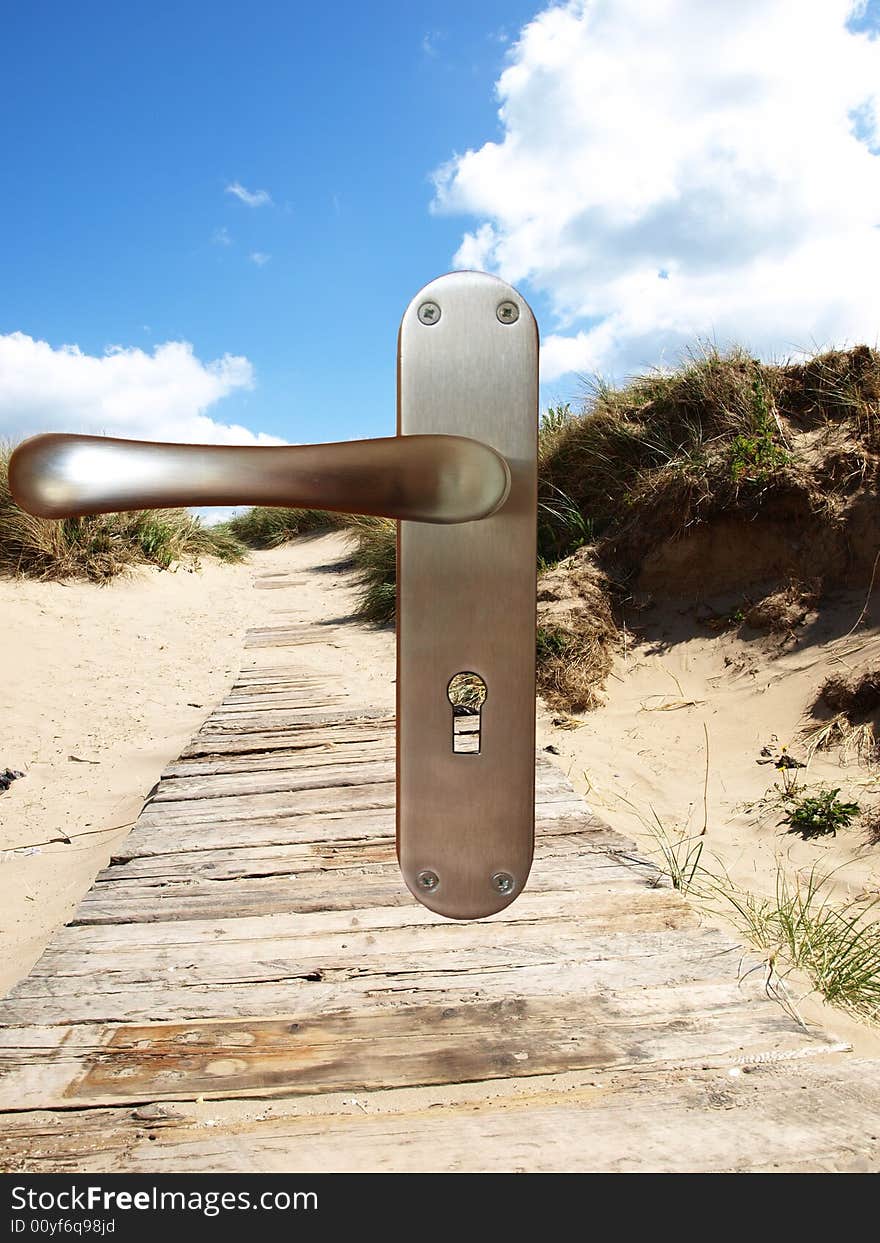 Metallic door lock on background of nature. Metallic door lock on background of nature