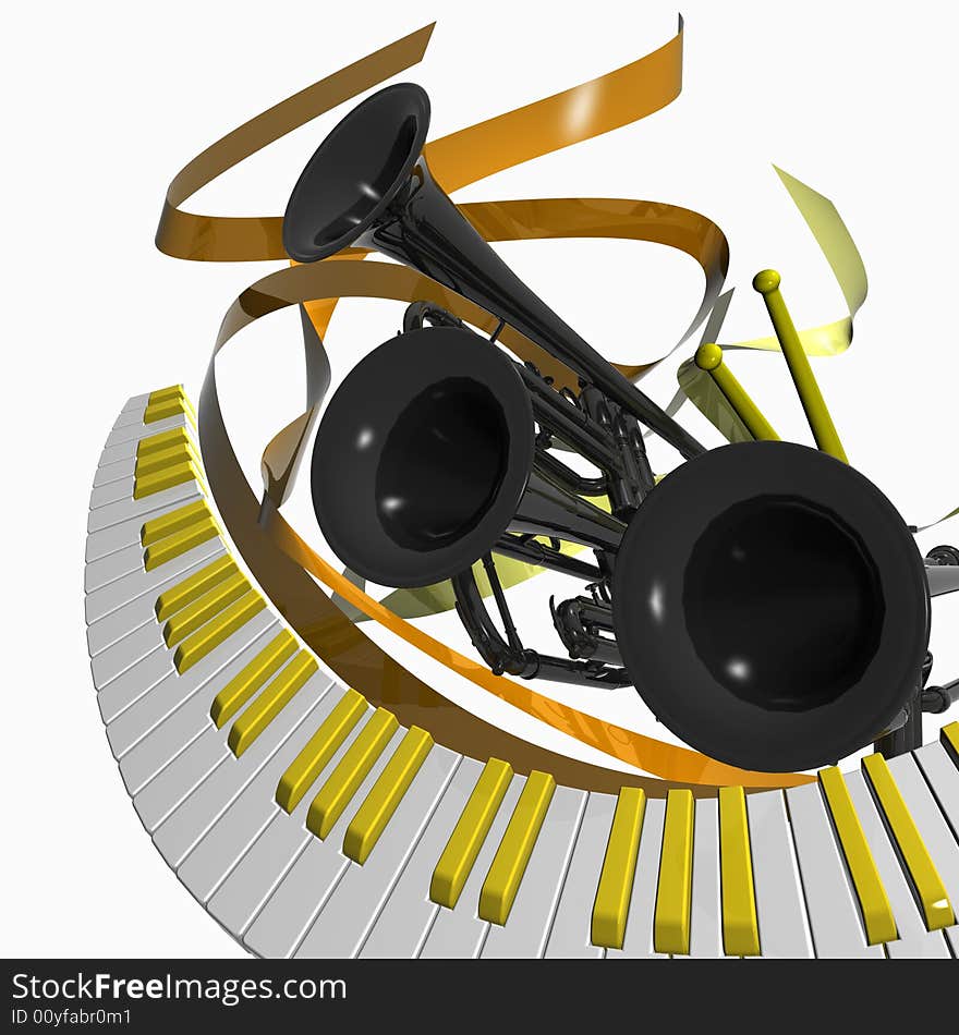 Abstract musical isolated illustration with piano, thrumpets and ribbons