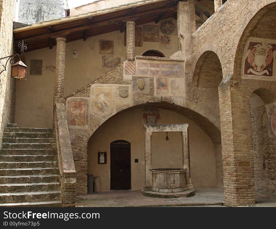 A beautifull view of an indoor cloister in San Gimignano. A beautifull view of an indoor cloister in San Gimignano