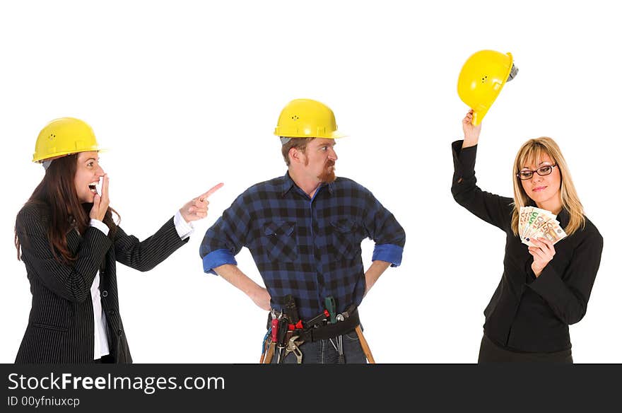 Businesswoman guffaw, construction worker jealous and businesswoman with earnings. Businesswoman guffaw, construction worker jealous and businesswoman with earnings