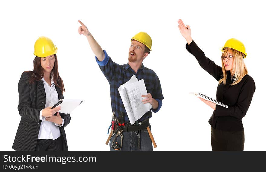 Construction worker pointing on architectural plans and architect. Construction worker pointing on architectural plans and architect