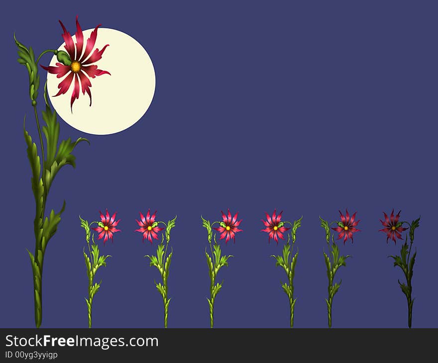 Floral wallpaper with brilliant red flowers and back with full moon. Floral wallpaper with brilliant red flowers and back with full moon