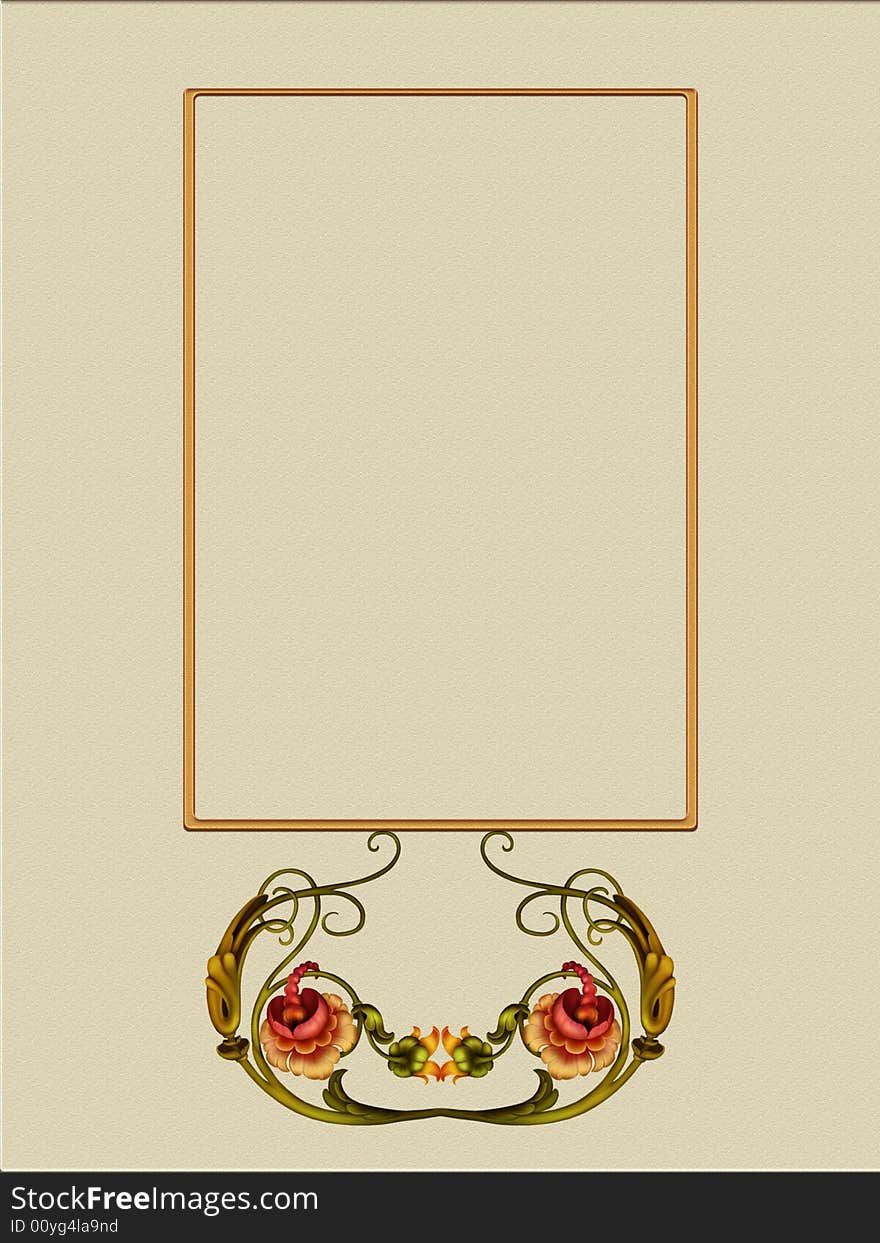 Vintage wallpaper with satined frame and floral bouquet in art deco style. Vintage wallpaper with satined frame and floral bouquet in art deco style