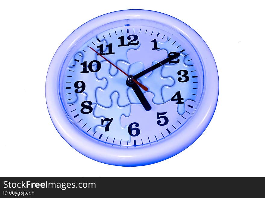 Blue clock wtih abstract puzzle design on white background as sample of my isolated images