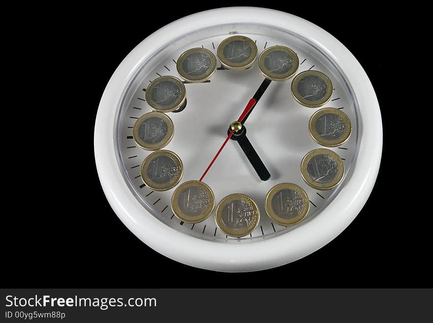 White clock and money on black background as symbol and sample for my isolated business and concept images. White clock and money on black background as symbol and sample for my isolated business and concept images