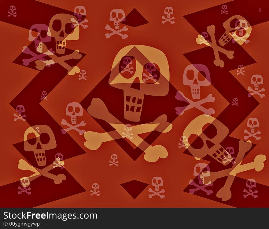 Red background with a hard edged zig zag pattern. Layered above are skulls and crossbones. Red background with a hard edged zig zag pattern. Layered above are skulls and crossbones.