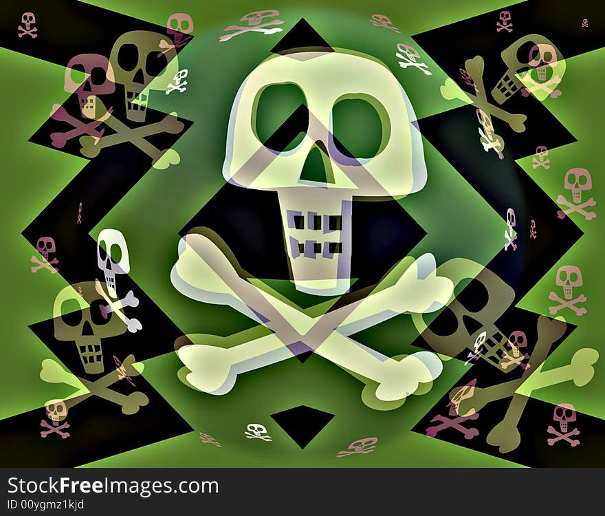 Green and black background with a hard edged zig zag pattern. Layered above are skulls and crossbones. Green and black background with a hard edged zig zag pattern. Layered above are skulls and crossbones.