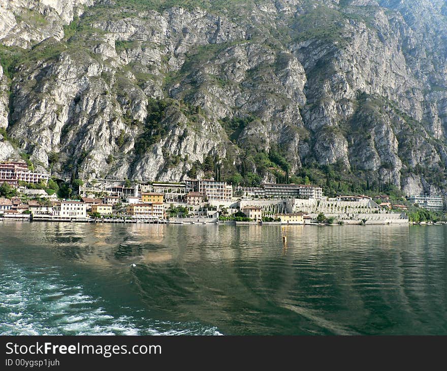 A view of the Lake Garda town of Limone taken from a departing ferry. A view of the Lake Garda town of Limone taken from a departing ferry.