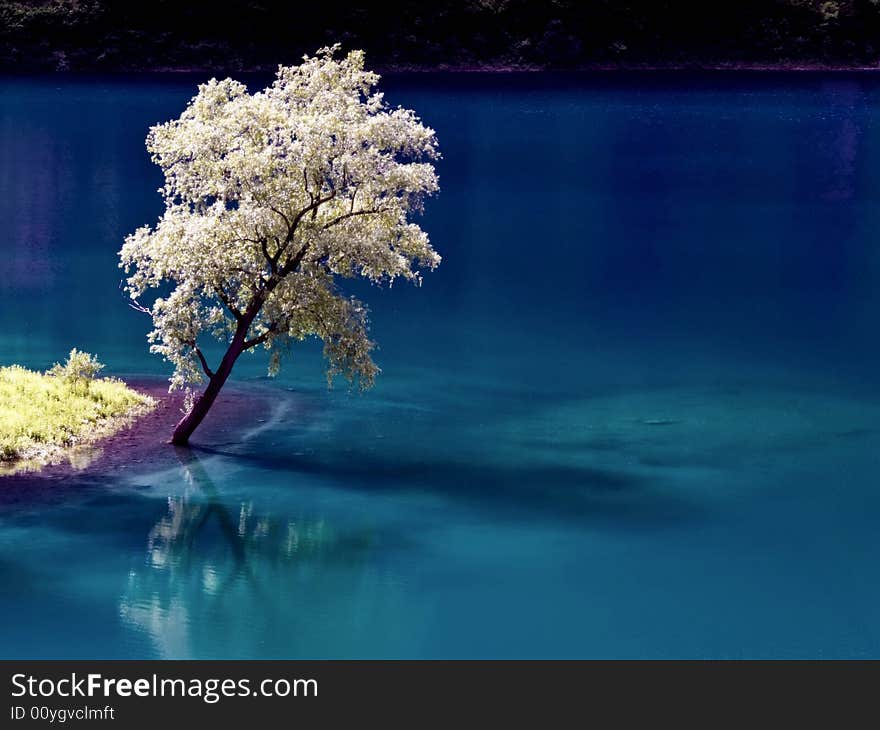 The turquoise blue water of the Tenno Lake - infrared filter - Italy. The turquoise blue water of the Tenno Lake - infrared filter - Italy