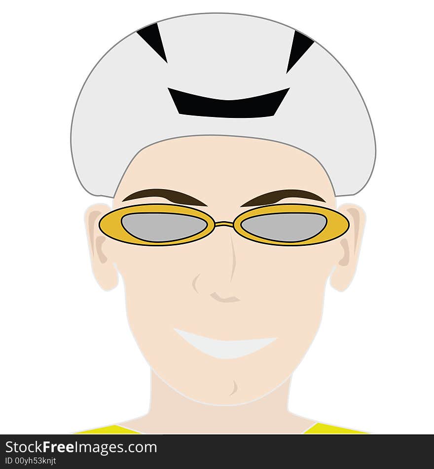 Cartoon closeup on the face of a cyclist wearing a helmet and goggles