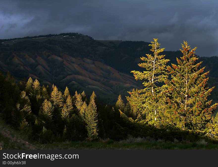 Grand Tetons National Park sets the stage for a dramatic sunset with the sun poking through the clouds to light up a few evergreens