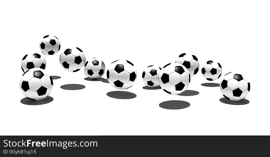 Isolated soccer balls in the air with shadow - 3d illustration