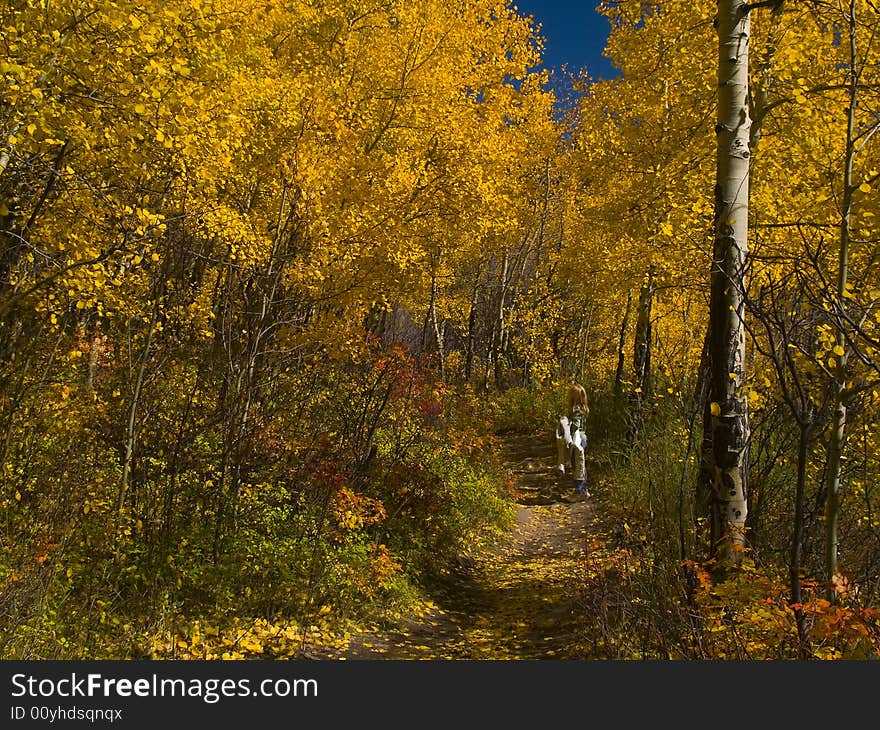 A child stops to view with awe the vibrant beauty of the woods in autumn. A child stops to view with awe the vibrant beauty of the woods in autumn.