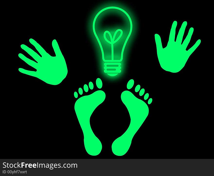 Hands, feet and a light bulb as head to represent genial idea. Hands, feet and a light bulb as head to represent genial idea