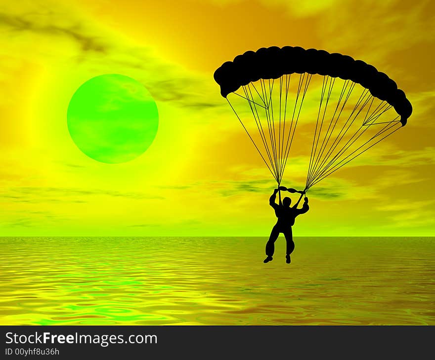 Parachutist in silhouette against a colorful sunset