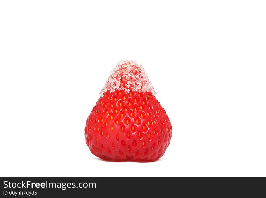 Fresh juicy strawberry with sugar on white