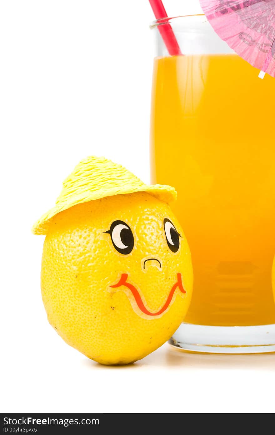 Cheerful little men from a fresh lemon and a juice glass isolated on a white background