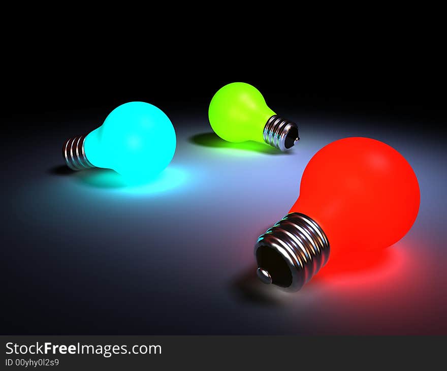 Three lighting colored bulbs - rendered in 3d