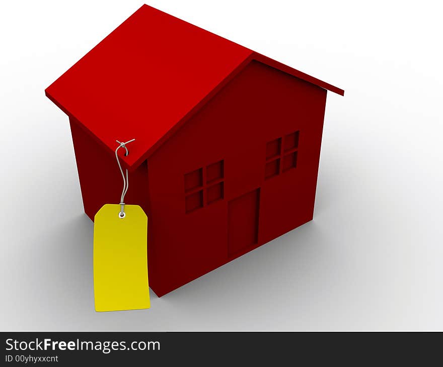 Red house with yellow gift tag - 3d render. Red house with yellow gift tag - 3d render