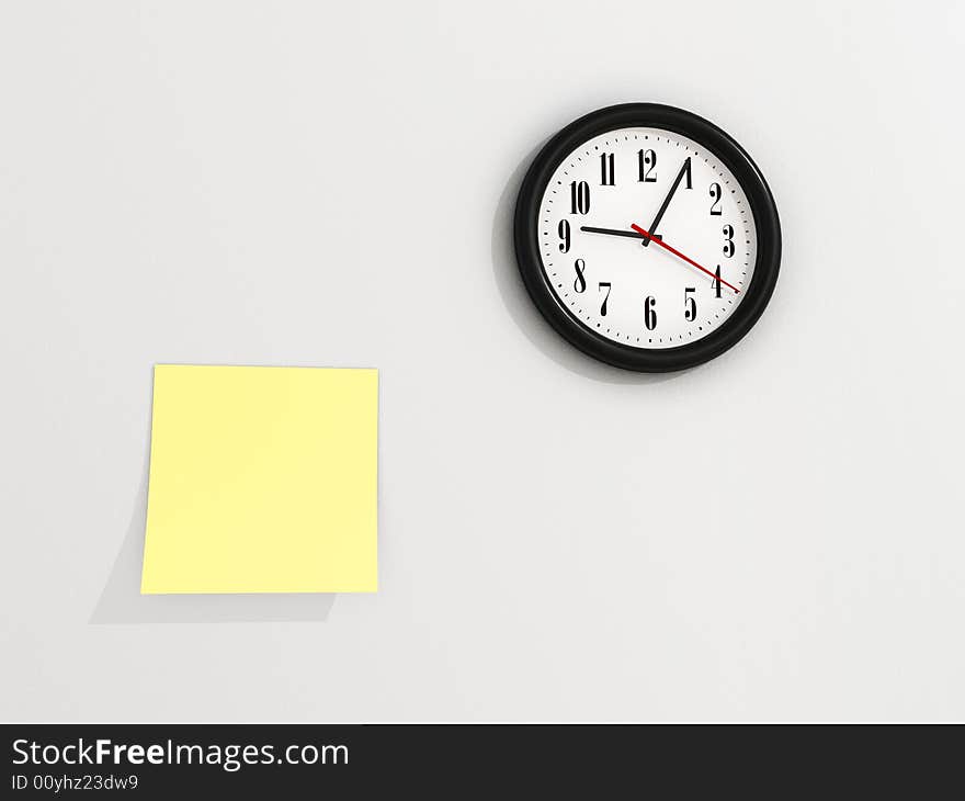 A yellow notes on wall near a clock - 3d render. A yellow notes on wall near a clock - 3d render