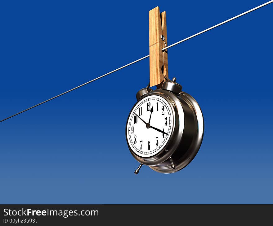 Alarm clock holded on washline - 3d render. Alarm clock holded on washline - 3d render