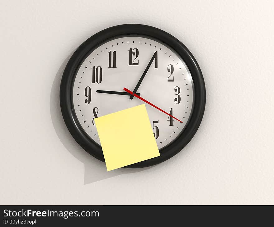 A yellow note on wall clock - 3d render