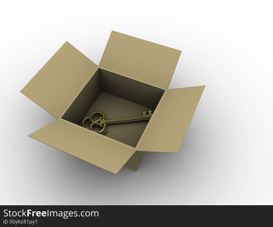 A golden key in a box - rendered in 3d