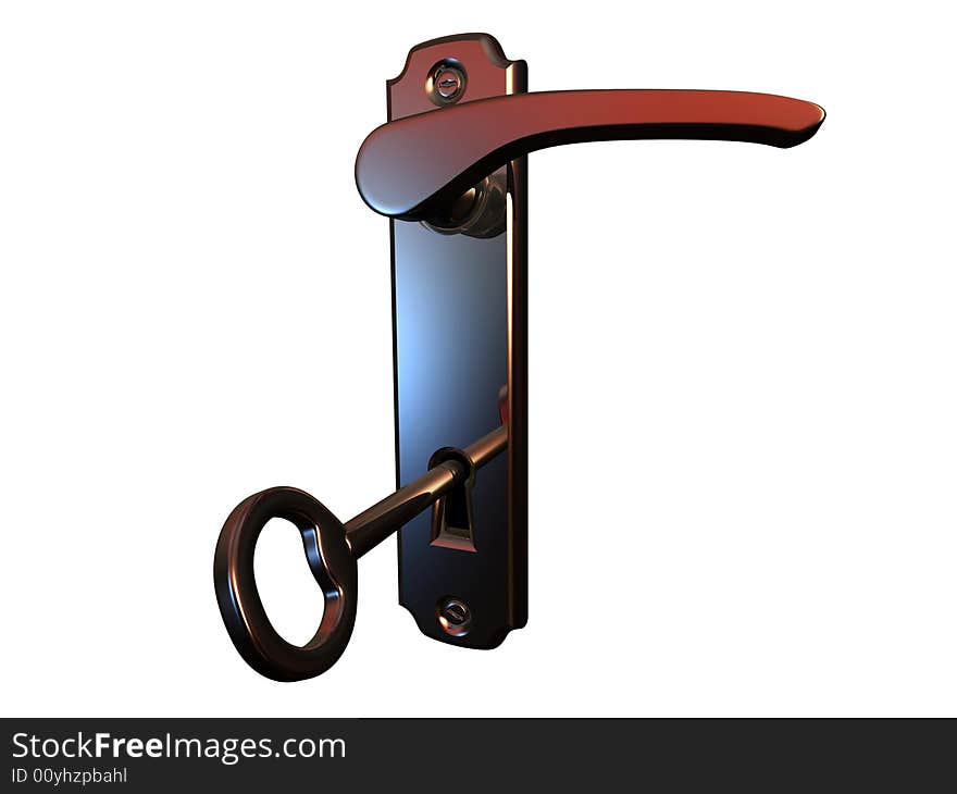 Close up of door handle with key isolated on white background - 3d render