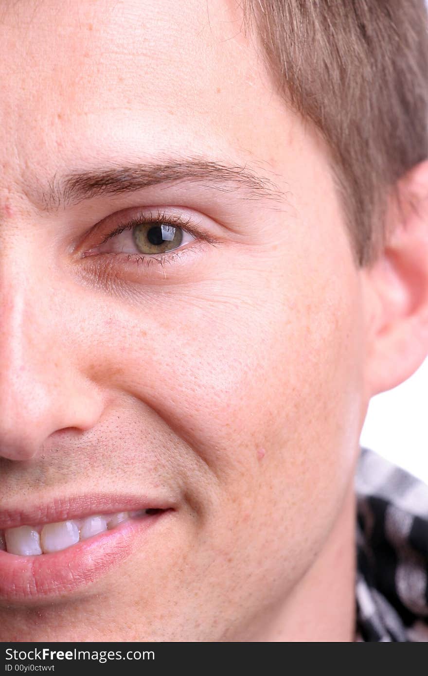 Extreme closeup portrait of young businessman - isolated in white background