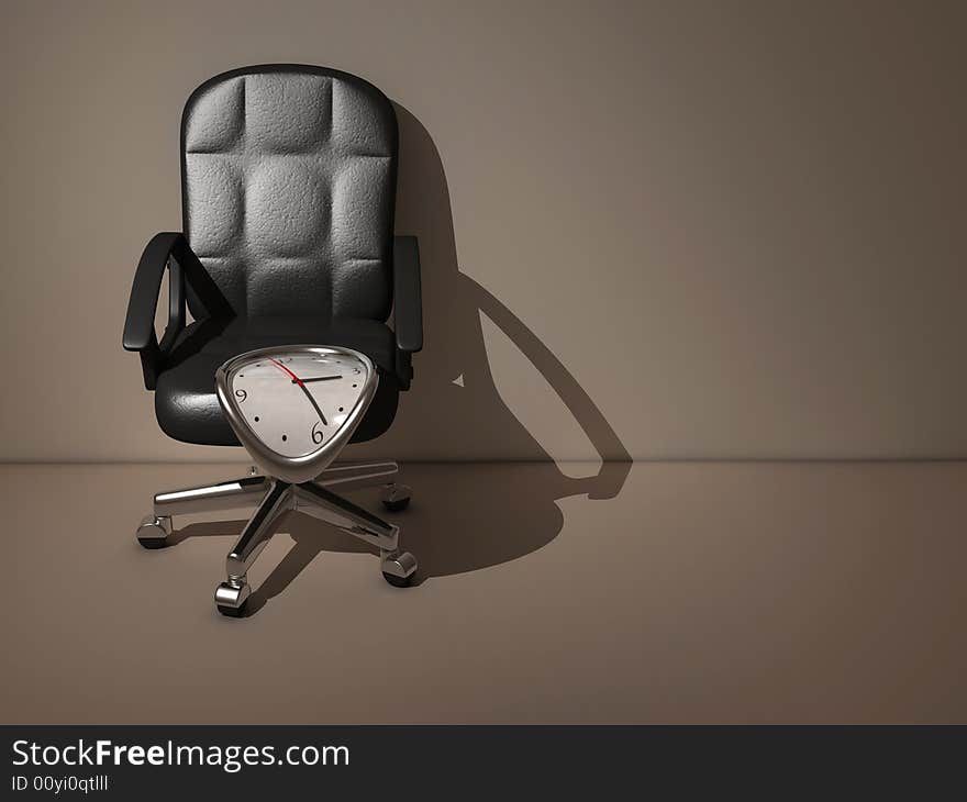 Conceptual - a clock flowing on a business chair - rendered in 3d. Conceptual - a clock flowing on a business chair - rendered in 3d