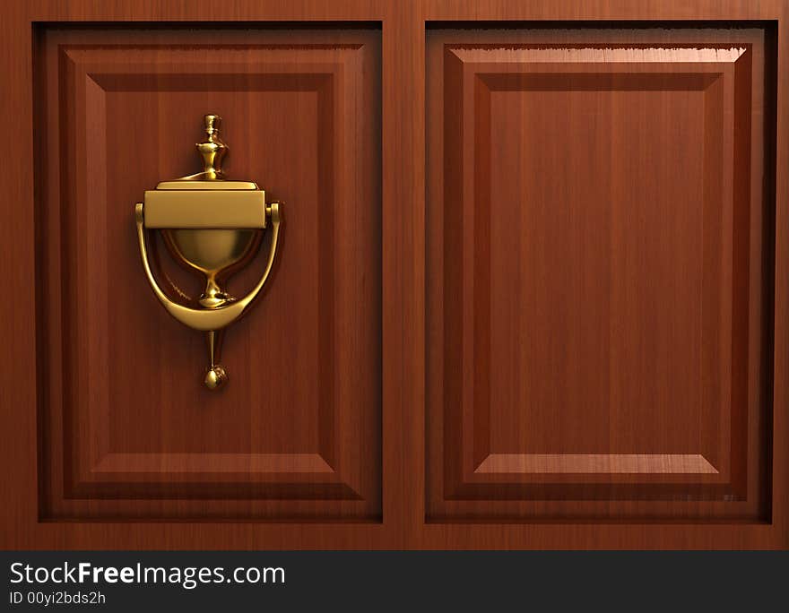 A golden knocker on door - rendered in 3d. A golden knocker on door - rendered in 3d