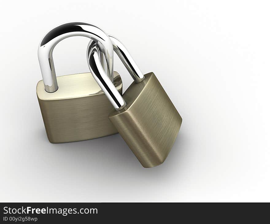 Two joined padlocks on white backgrounds - rendered in 3d