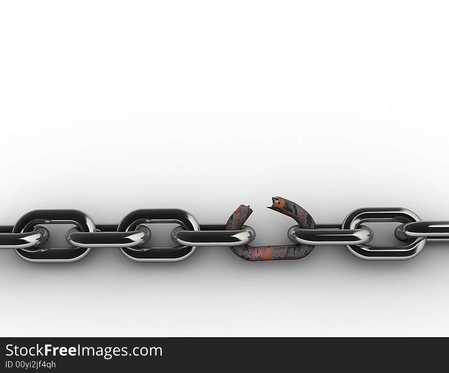 Conceptual chain with a broken rusty link isolated on white background. Conceptual chain with a broken rusty link isolated on white background