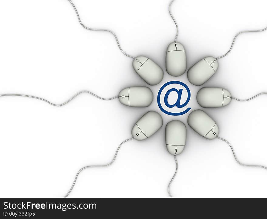 Computer mouses surrounding e-mail symbol on white background - 3d render