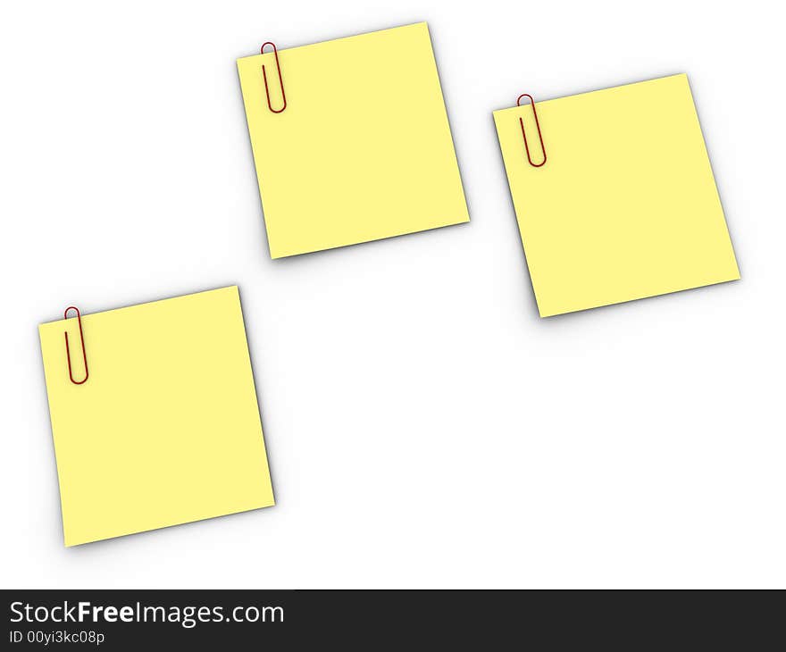 Three yellow notes with paper clips on white background - 3d render. Three yellow notes with paper clips on white background - 3d render