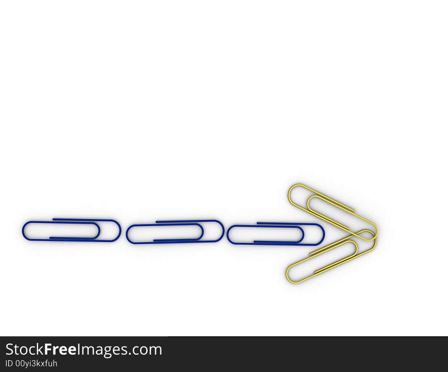 Paper clips arranged in an arrow shape on white background - rendered in 3d