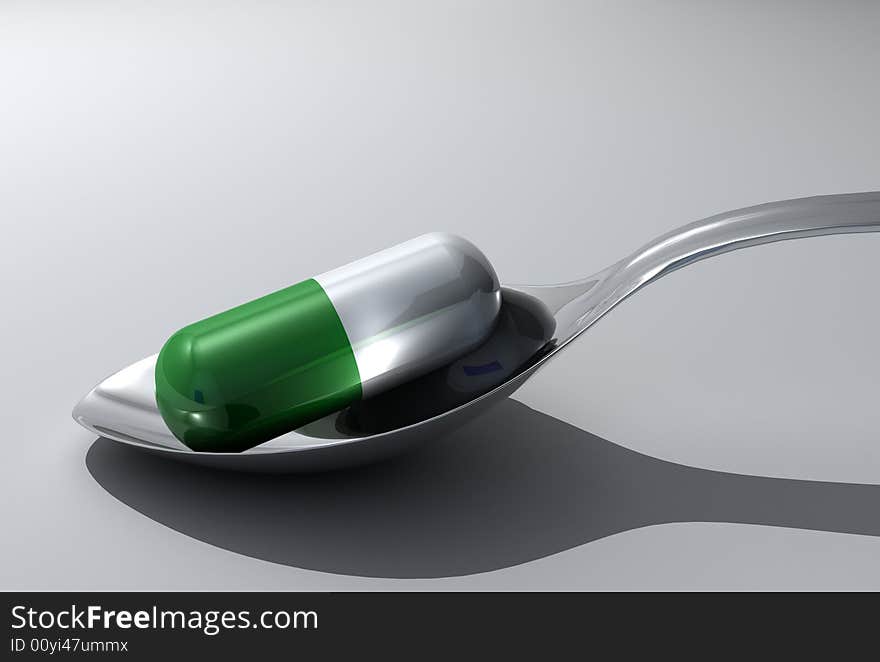 Pill in spoon - extreme close up - 3d render