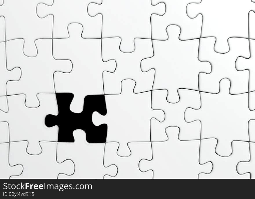 White jigsaw puzzle with a single missing piece - 3d render