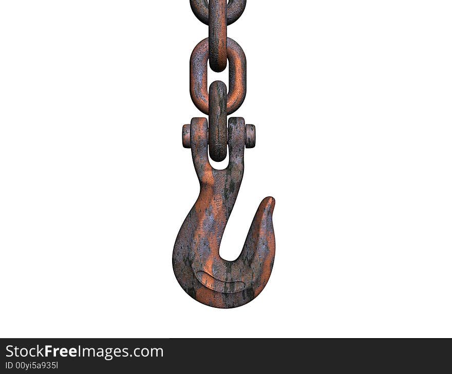 Rusty hook and chain isolated on white background - rendered in 3d