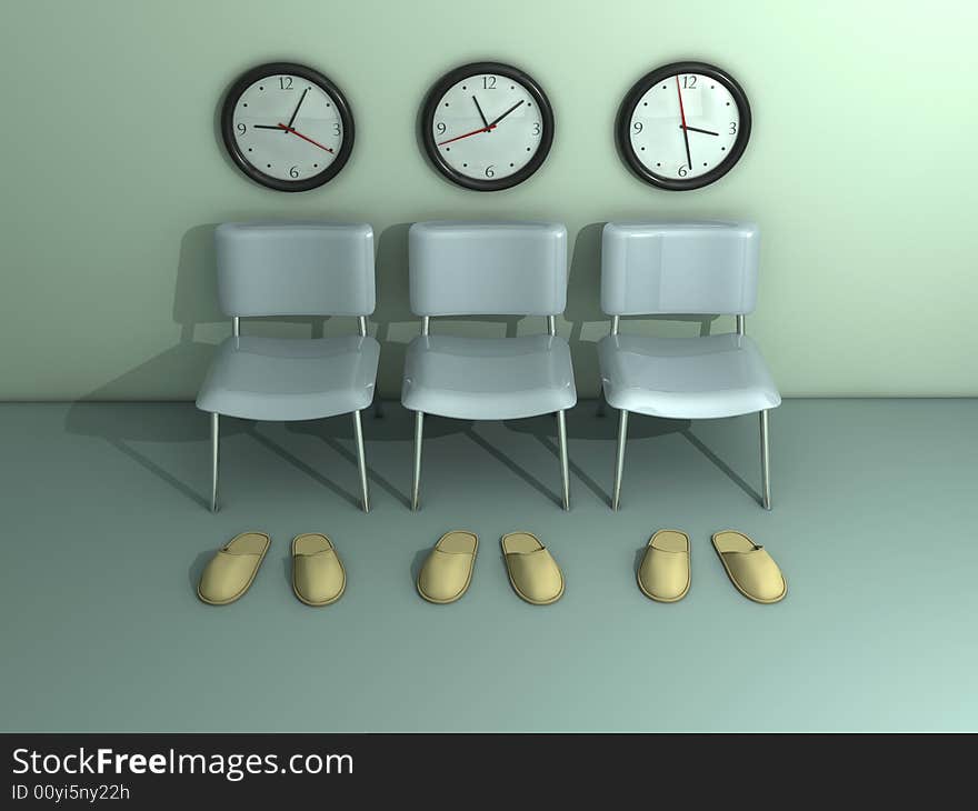 Three clocks, chairs and slippers - rendered in 3d. Three clocks, chairs and slippers - rendered in 3d