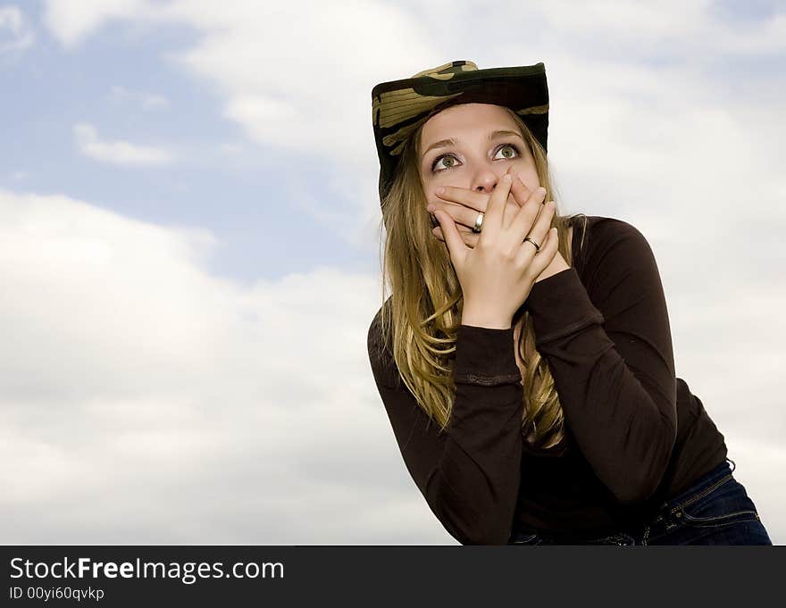 The Scared Woman On Nature Background