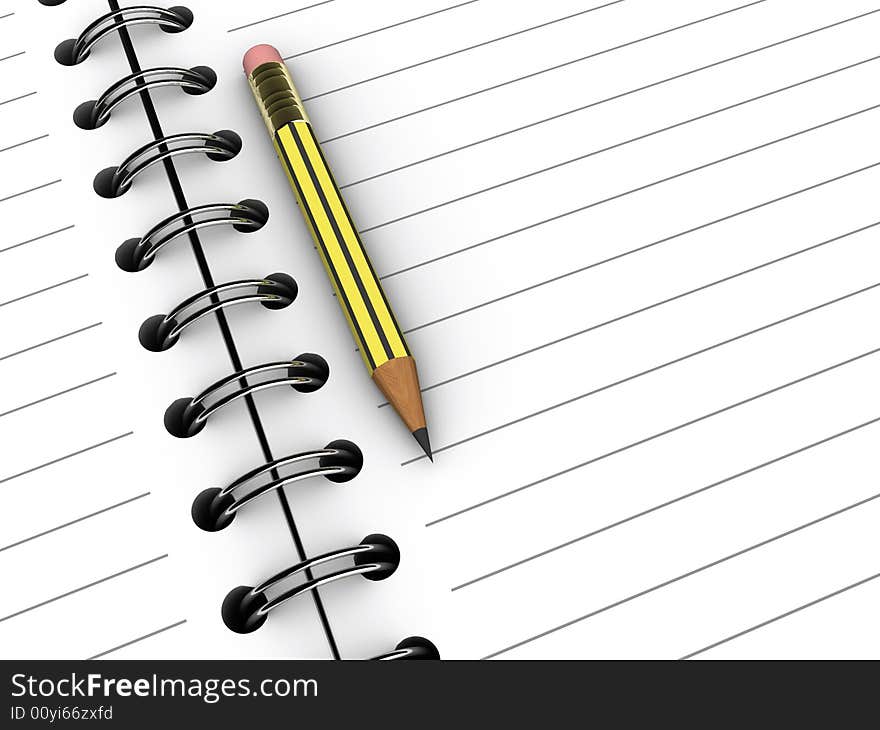 A blank notebook and a pencil on white background - 3d render