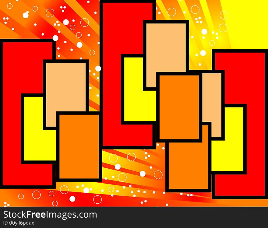 Colored Rectangles, Bubbles, and a Sunburst are Featured in an Abstract Illustration. Colored Rectangles, Bubbles, and a Sunburst are Featured in an Abstract Illustration.