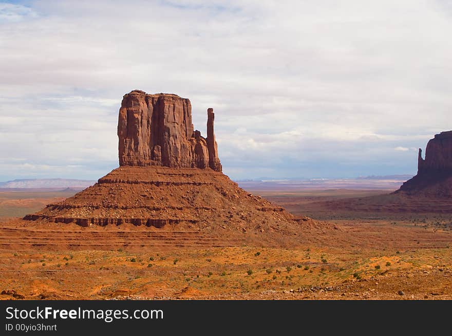 East and West Mitten Buttes in Monument Valley under cloudy sky