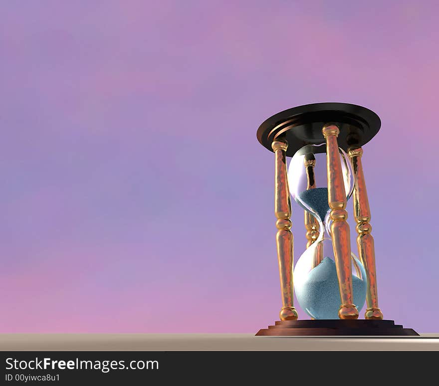 3d Illustration of hourglass over sunset sky background