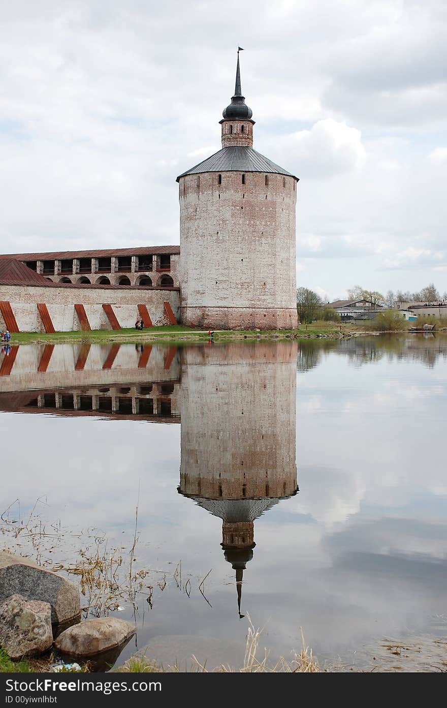 The tower of a monastery is reflected in water