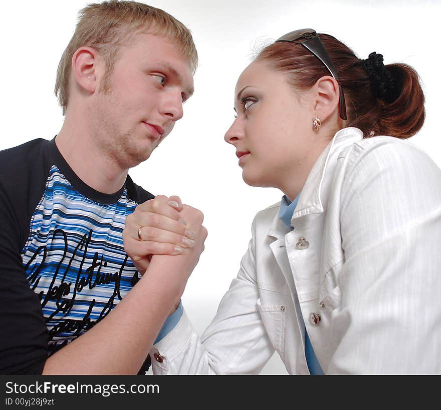 The girl in a white suit and the young man it is black to red clothes. The girl in a white suit and the young man it is black to red clothes