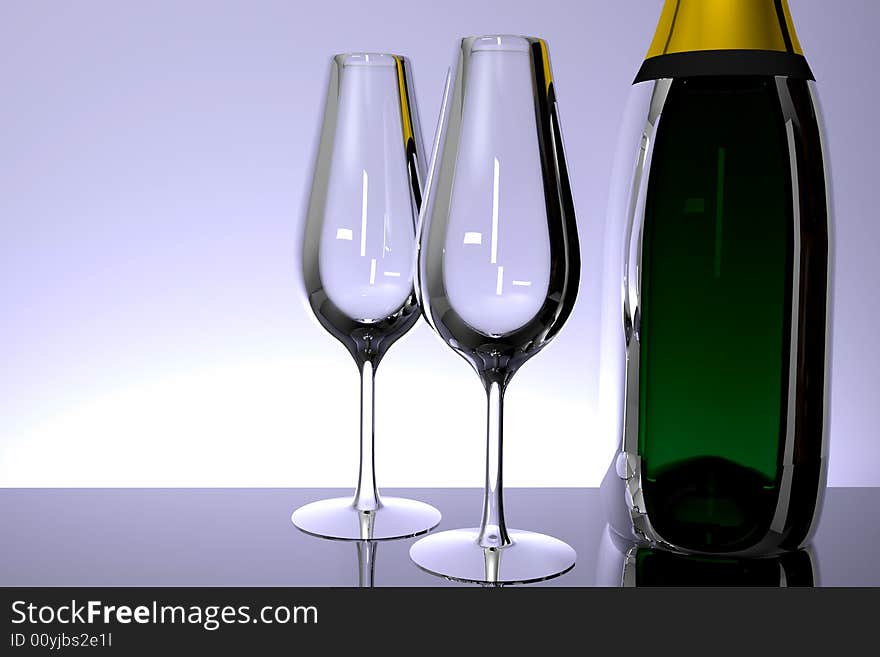 Two glasses with a bottle of champagne