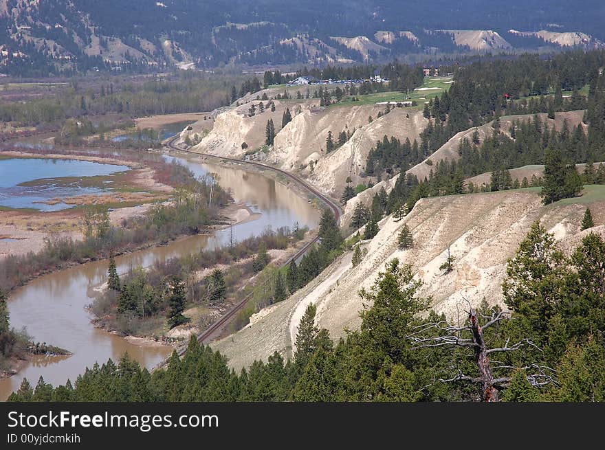 S shape river and valley in kootenay national park, british columbia, canada